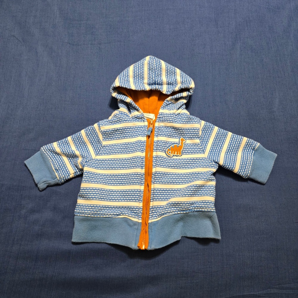 Starting Out Hoodie Baby Boy 3/6M Blue Excellent Striped Dinosaur Zip Sweatshirt